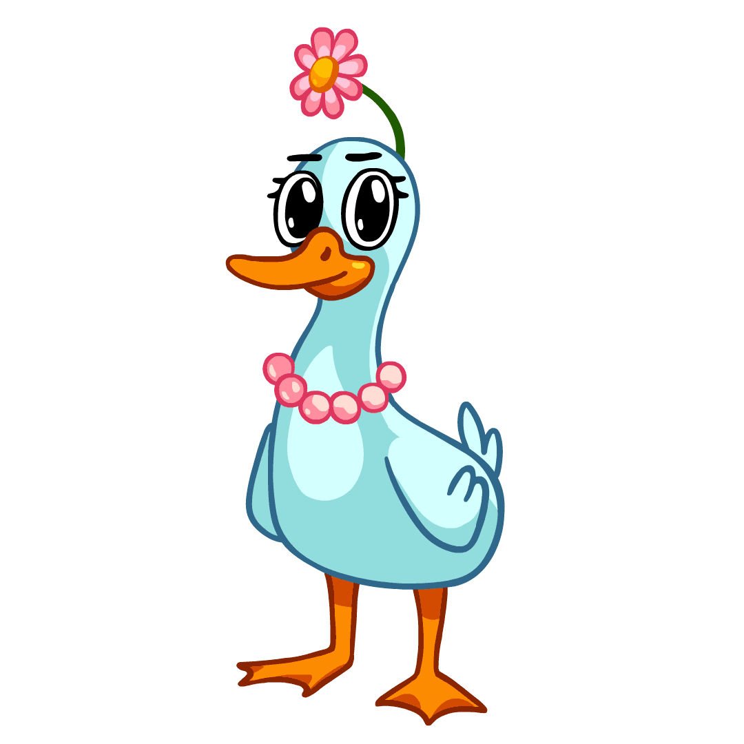 Ducky the duck wearing a pink bead necklace and a daisy